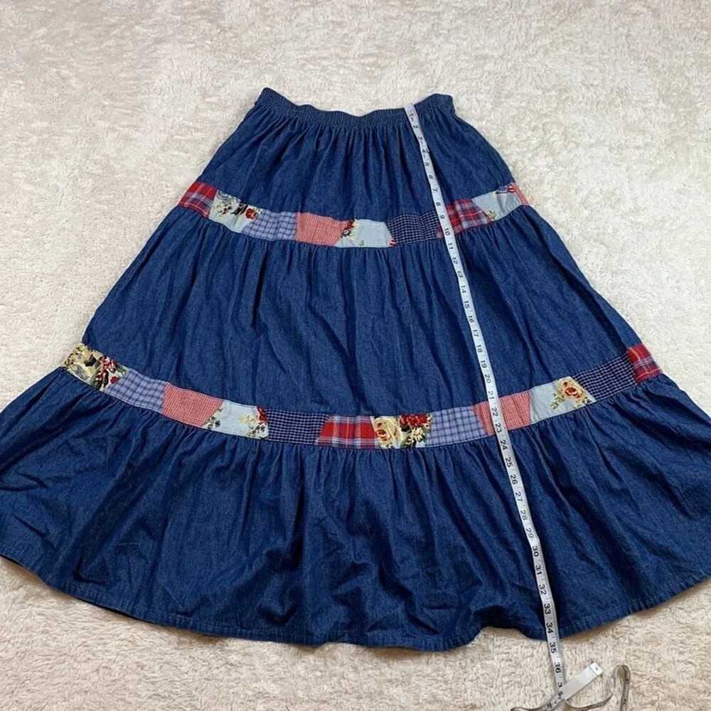 Vintage Koret Petites‎ tiered denim and calico maxi skirt med